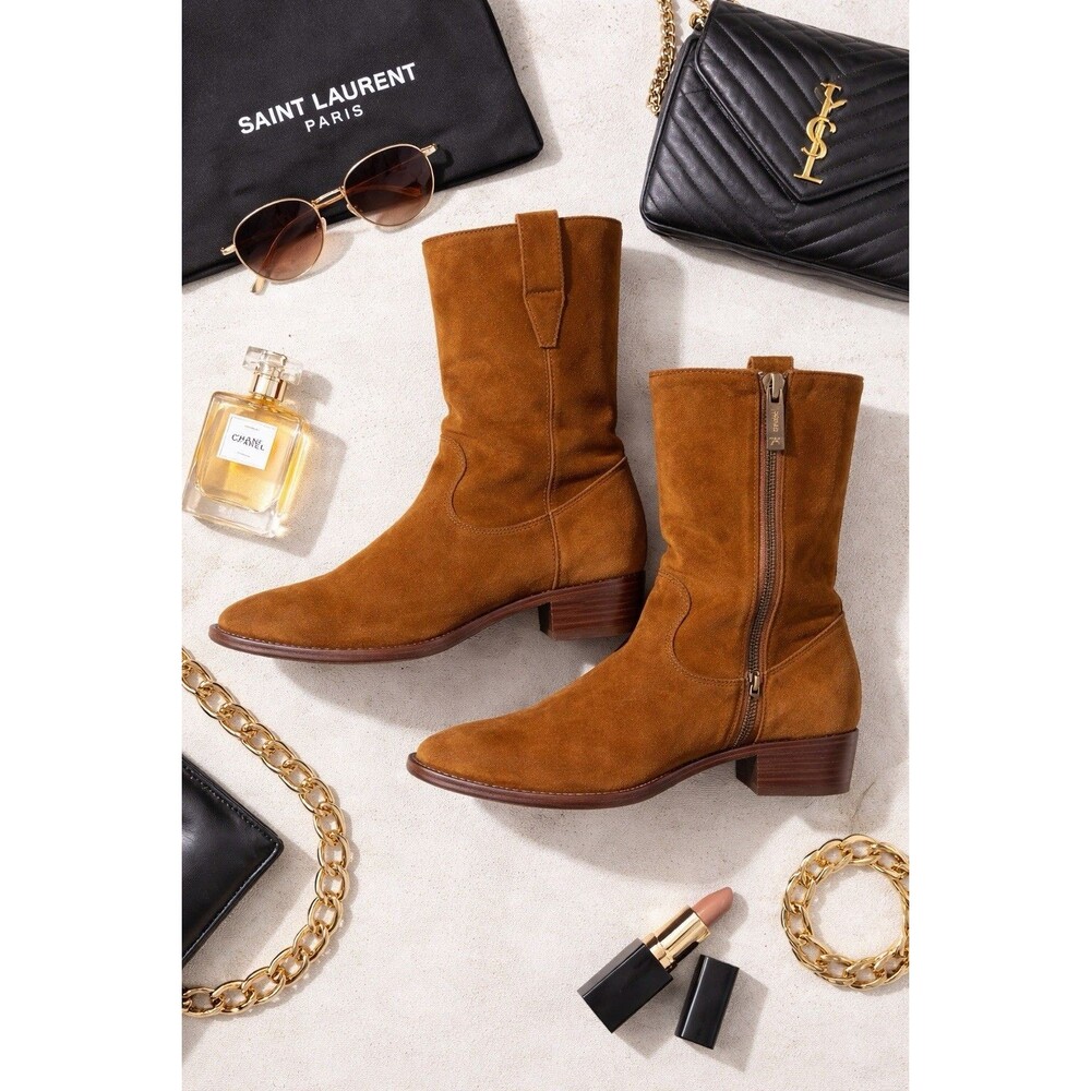 Saint Laurent Wyatt Brown Suede Leather Side Zip Boots EU 39 Italy